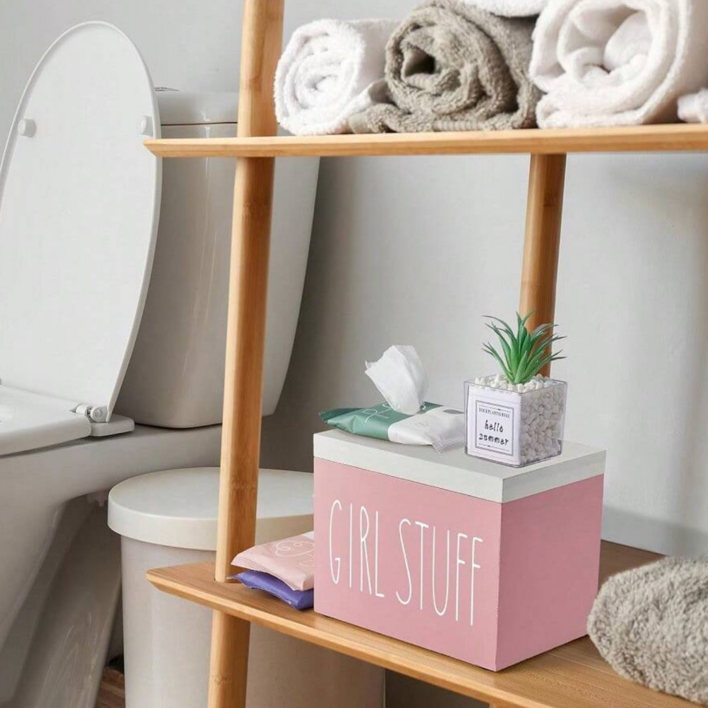 Pink Tampon and Pad Storage Box with Lid – Stylish Bathroom Organizer